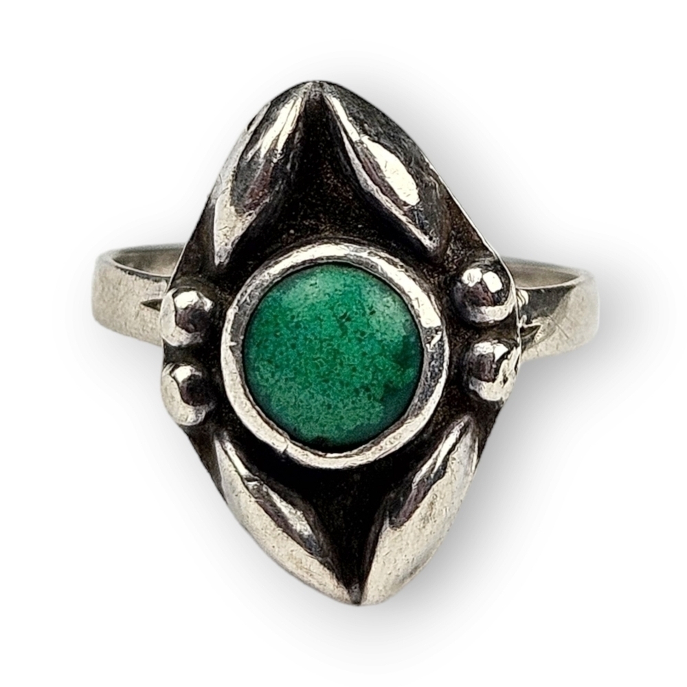 Southwestern Malachite Sterling Ring Shadowbox Dark Green Vtg 925 Silver 7.25